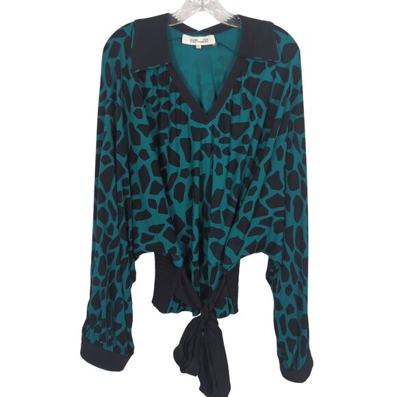 Diane Von Furstenberg Teal Black Animal Print‎ Blouse V-Neck Tie Waist L - Picture 1 of 15